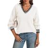 imageATHMILE Womens Sweaters V Neck Long Sleeve Contrast Knit Casual Pullover Fall Winter Outfits Cute Tops 2026White