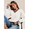 imageATHMILE Womens Sweaters V Neck Long Sleeve Contrast Knit Casual Pullover Fall Winter Outfits Cute Tops 2026White