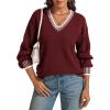 imageATHMILE Womens Sweaters V Neck Long Sleeve Contrast Knit Casual Pullover Fall Winter Outfits Cute Tops 2026Wine Red