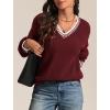 imageATHMILE Womens Sweaters V Neck Long Sleeve Contrast Knit Casual Pullover Fall Winter Outfits Cute Tops 2026Wine Red