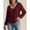 imageATHMILE Womens Sweaters V Neck Long Sleeve Contrast Knit Casual Pullover Fall Winter Outfits Cute Tops 2026Wine Red