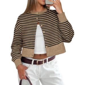 imageATHMILE Cropped Cardigan Sweaters for Women Lightweight Crop Knit Y2k Fall Outfits Fashion Clothes 2026Khaki Black Stripes
