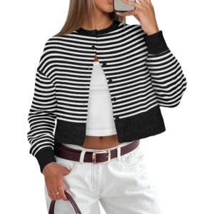 imageATHMILE Cropped Cardigan Sweaters for Women Lightweight Crop Knit Y2k Fall Outfits Fashion Clothes 2026White Black Stripes
