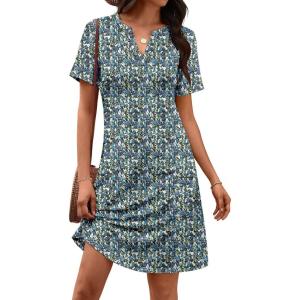 imageATHMILE Dresses for Women Casual Summer Boho Dress Short Sleeve Fashion Beach Vacation Clothes V Neck Date OutfitsBlue Floral