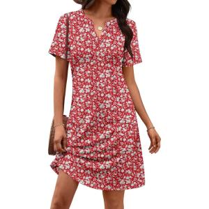 imageATHMILE Dresses for Women Casual Summer Boho Dress Short Sleeve Fashion Beach Vacation Clothes V Neck Date OutfitsRed Floral