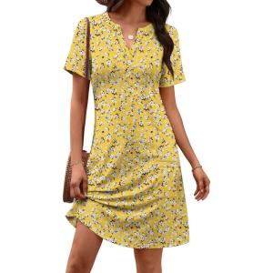 imageATHMILE Dresses for Women Casual Summer Boho Dress Short Sleeve Fashion Beach Vacation Clothes V Neck Date OutfitsYellow Floral
