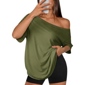 imageATHMILE Off The Shoulder Tops for Women 2026 Y2K Loose Fit Tops Oversized Tshirts Fashion Going Out Outfits Casual Basic Tees0armygreen