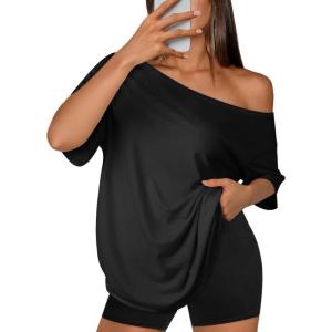 imageATHMILE Off The Shoulder Tops for Women 2026 Y2K Loose Fit Tops Oversized Tshirts Fashion Going Out Outfits Casual Basic Tees0black