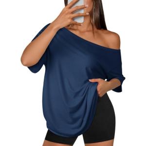 imageATHMILE Off The Shoulder Tops for Women 2026 Y2K Loose Fit Tops Oversized Tshirts Fashion Going Out Outfits Casual Basic Tees0blue