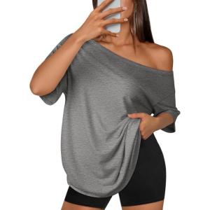 imageATHMILE Off The Shoulder Tops for Women 2026 Y2K Loose Fit Tops Oversized Tshirts Fashion Going Out Outfits Casual Basic Tees0darkgrey