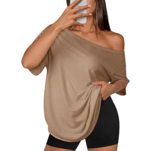 imageATHMILE Off The Shoulder Tops for Women 2026 Y2K Loose Fit Tops Oversized Tshirts Fashion Going Out Outfits Casual Basic Tees0khaki