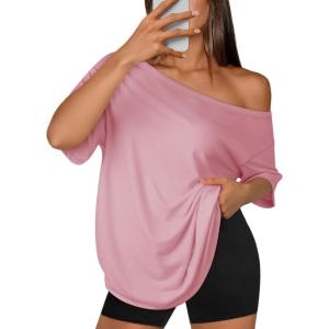 imageATHMILE Off The Shoulder Tops for Women 2026 Y2K Loose Fit Tops Oversized Tshirts Fashion Going Out Outfits Casual Basic Tees0pink