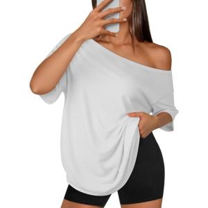 imageATHMILE Off The Shoulder Tops for Women 2026 Y2K Loose Fit Tops Oversized Tshirts Fashion Going Out Outfits Casual Basic Tees0white
