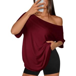 imageATHMILE Off The Shoulder Tops for Women 2026 Y2K Loose Fit Tops Oversized Tshirts Fashion Going Out Outfits Casual Basic Tees0winered