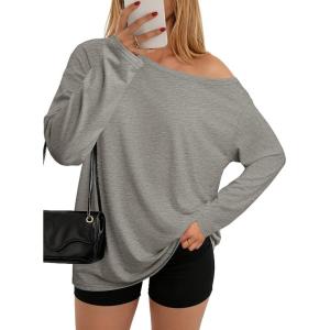 imageATHMILE Off The Shoulder Tops for Women 2026 Y2K Loose Fit Tops Oversized Tshirts Fashion Going Out Outfits Casual Basic TeesGrey