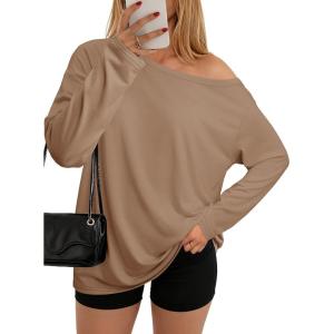 imageATHMILE Off The Shoulder Tops for Women 2026 Y2K Loose Fit Tops Oversized Tshirts Fashion Going Out Outfits Casual Basic TeesKhaki