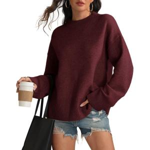 imageATHMILE Sweaters for Women 2026 Fall Fashion Outfits Long Sleeve Loose Casual Crewneck Ribbed Knit Pullover Winter ClothesWine Red