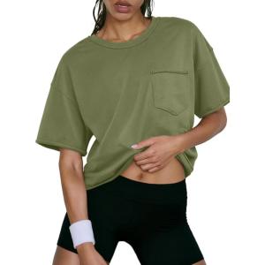 imageATHMILE Womens Crop Tops Spring Summer Oversized TShirts Short Sleeve Workout Casual Drop Shoulder Basic Loose Tees 2026Armygreen