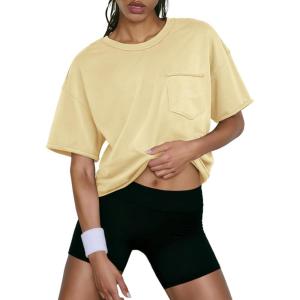 imageATHMILE Womens Crop Tops Spring Summer Oversized TShirts Short Sleeve Workout Casual Drop Shoulder Basic Loose Tees 2026Beige
