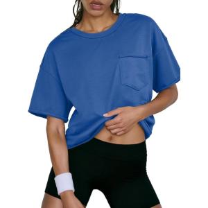 imageATHMILE Womens Crop Tops Spring Summer Oversized TShirts Short Sleeve Workout Casual Drop Shoulder Basic Loose Tees 2026Blue