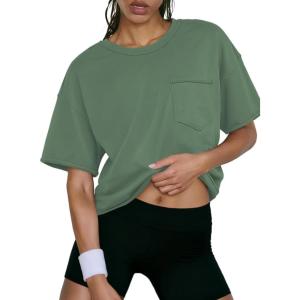 imageATHMILE Womens Crop Tops Spring Summer Oversized TShirts Short Sleeve Workout Casual Drop Shoulder Basic Loose Tees 2026Darkgreen