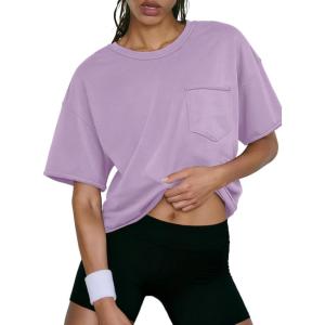imageATHMILE Womens Crop Tops Spring Summer Oversized TShirts Short Sleeve Workout Casual Drop Shoulder Basic Loose Tees 2026Purple
