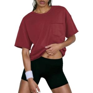 imageATHMILE Womens Crop Tops Spring Summer Oversized TShirts Short Sleeve Workout Casual Drop Shoulder Basic Loose Tees 2026Winered