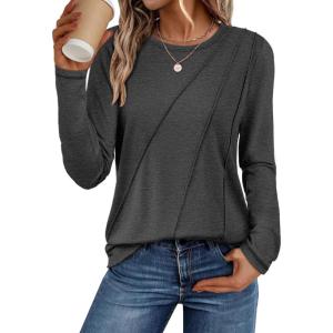 imageATHMILE Womens Long Sleeve Shirts Pleated Crew Neck Casual Fall Fashion Ladie Tops Loose Fit Spring Clothes Beach VacationBlack Grey