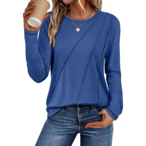 imageATHMILE Womens Long Sleeve Shirts Pleated Crew Neck Casual Fall Fashion Ladie Tops Loose Fit Spring Clothes Beach VacationBlue