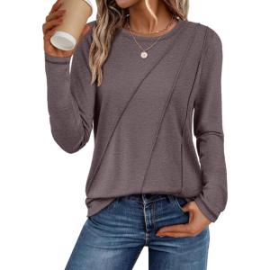 imageATHMILE Womens Long Sleeve Shirts Pleated Crew Neck Casual Fall Fashion Ladie Tops Loose Fit Spring Clothes Beach VacationGray Purple