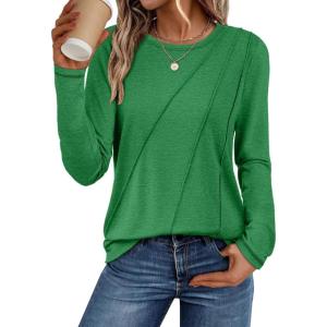 imageATHMILE Womens Long Sleeve Shirts Pleated Crew Neck Casual Fall Fashion Ladie Tops Loose Fit Spring Clothes Beach VacationGreen