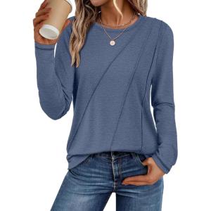 imageATHMILE Womens Long Sleeve Shirts Pleated Crew Neck Casual Fall Fashion Ladie Tops Loose Fit Spring Clothes Beach VacationGrey Blue
