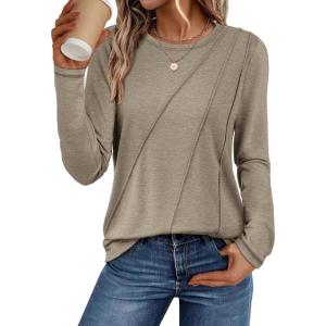imageATHMILE Womens Long Sleeve Shirts Pleated Crew Neck Casual Fall Fashion Ladie Tops Loose Fit Spring Clothes Beach VacationKhaki
