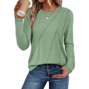 imageATHMILE Womens Long Sleeve Shirts Pleated Crew Neck Casual Fall Fashion Ladie Tops Loose Fit Spring Clothes Beach VacationLight Green
