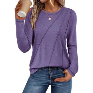 imageATHMILE Womens Long Sleeve Shirts Pleated Crew Neck Casual Fall Fashion Ladie Tops Loose Fit Spring Clothes Beach VacationPurple