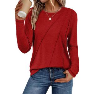 imageATHMILE Womens Long Sleeve Shirts Pleated Crew Neck Casual Fall Fashion Ladie Tops Loose Fit Spring Clothes Beach VacationRed