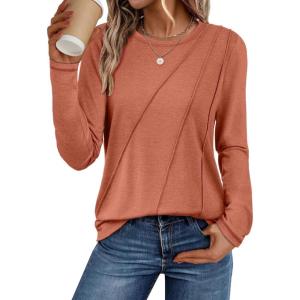 imageATHMILE Womens Long Sleeve Shirts Pleated Crew Neck Casual Fall Fashion Ladie Tops Loose Fit Spring Clothes Beach VacationRust