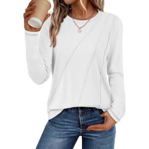 imageATHMILE Womens Long Sleeve Shirts Pleated Crew Neck Casual Fall Fashion Ladie Tops Loose Fit Spring Clothes Beach VacationWhite