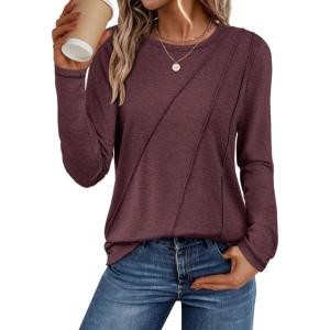 imageATHMILE Womens Long Sleeve Shirts Pleated Crew Neck Casual Fall Fashion Ladie Tops Loose Fit Spring Clothes Beach VacationWine Red