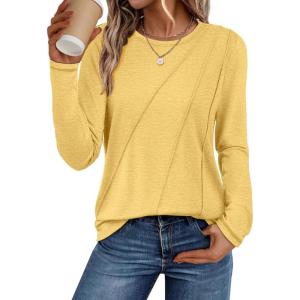 imageATHMILE Womens Long Sleeve Shirts Pleated Crew Neck Casual Fall Fashion Ladie Tops Loose Fit Spring Clothes Beach VacationYellow