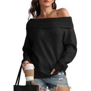 imageATHMILE Womens Off The Shoulder Sweaters Oversized Spring Tops Batwing Sleeve Loose Pullover Fall Winter Fashion Outfits 2026Black