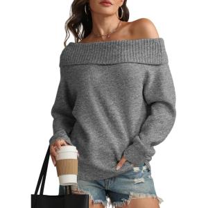 imageATHMILE Womens Off The Shoulder Sweaters Oversized Spring Tops Batwing Sleeve Loose Pullover Fall Winter Fashion Outfits 2026Dark Grey