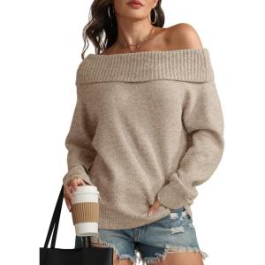 imageATHMILE Womens Off The Shoulder Sweaters Oversized Spring Tops Batwing Sleeve Loose Pullover Fall Winter Fashion Outfits 2026Khaki