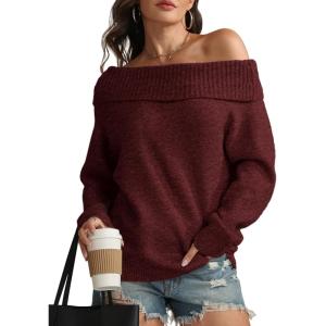 imageATHMILE Womens Off The Shoulder Sweaters Oversized Spring Tops Batwing Sleeve Loose Pullover Fall Winter Fashion Outfits 2026Wine Red