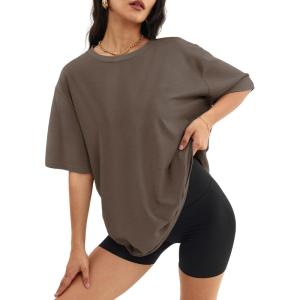 imageATHMILE Womens Oversized T Shirts Loose Fit Crewneck Short Sleeve Tops Summer Casual Blouse Y2K 2026 Basic Tee BeachBrown