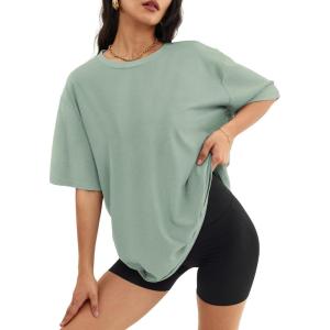 imageATHMILE Womens Oversized T Shirts Loose Fit Crewneck Short Sleeve Tops Summer Casual Blouse Y2K 2026 Basic Tee BeachGrey Green