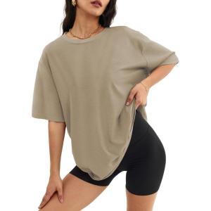 imageATHMILE Womens Oversized T Shirts Loose Fit Crewneck Short Sleeve Tops Summer Casual Blouse Y2K 2026 Basic Tee BeachKhaki
