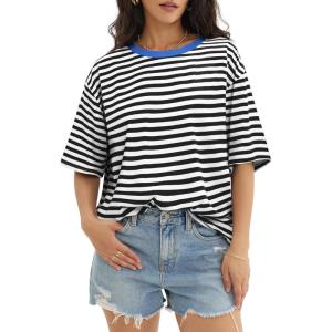 imageATHMILE Womens Oversized T Shirts Loose Fit Crewneck Short Sleeve Tops Summer Casual Blouse Y2K 2026 Basic Tee BeachStriped Black  White