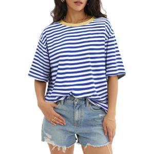 imageATHMILE Womens Oversized T Shirts Loose Fit Crewneck Short Sleeve Tops Summer Casual Blouse Y2K 2026 Basic Tee BeachStriped Blue  White