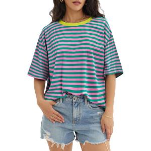 imageATHMILE Womens Oversized T Shirts Loose Fit Crewneck Short Sleeve Tops Summer Casual Blouse Y2K 2026 Basic Tee BeachStriped Pink  Green